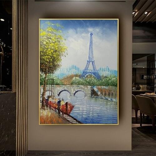 100% Handmade paris city Scenery Canvas Painting Modern Home Decor Wall Art Eiffel Oil Painting For Living Room decoration Porch