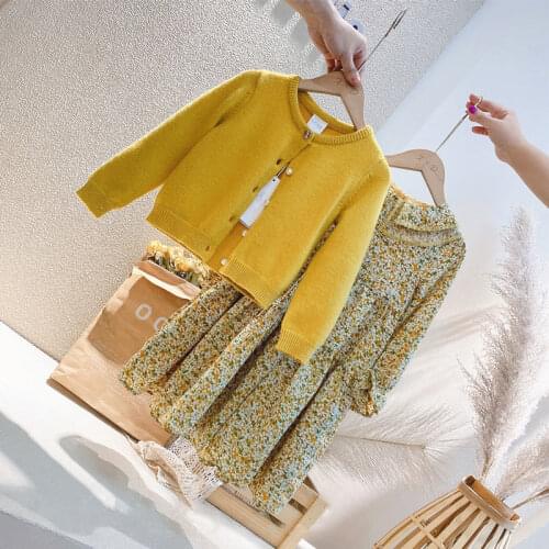 2021 Spring Autumn Children Clothing New Knitted Sweater Girl Dress Suit Fashion Set for Girl Casual Two-piece Clothes Suit D436