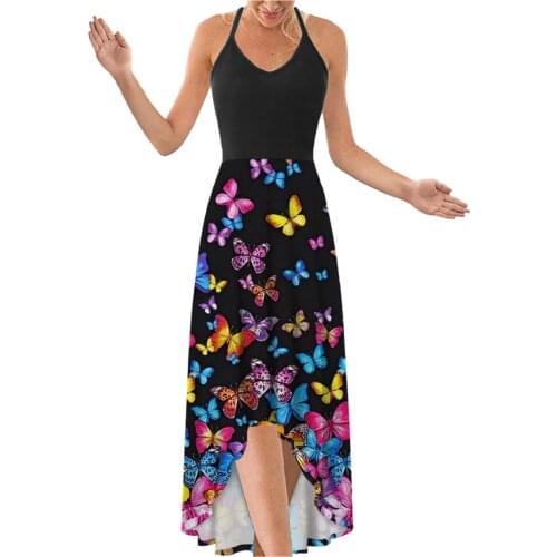 40# Butterfly Printed Strap Strap Dress Summer Elegant V-neck A-line Dress Vintage Irregular Hem Long Dress 2021 Robe Femme