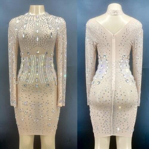 Flashing Rhinestone Pearls Transparent Short Dress Evening Birthday Celebrate Costume Wedding Dancer Prom Party Dresses XS2565