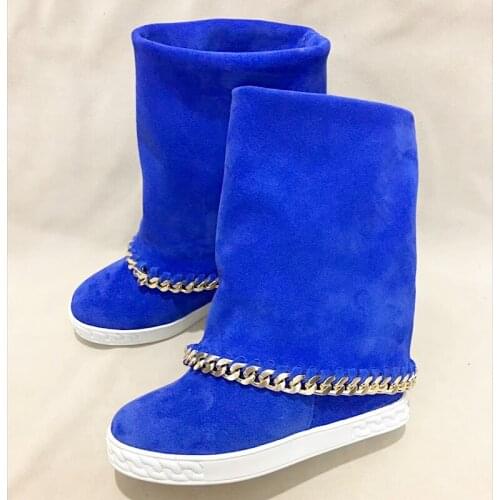 Botines Mujer 2021 Autumn Winter Genuine Cow Leather Mid Calf Boots Woman Wedge 8CM Height Increasing Chains Snow Shoes Botas