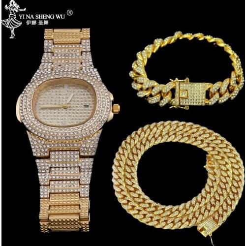 Necklace+Watch+Bracelet 3pcs Set Kit Hip Hop Miami Curb Cuban Chain Gold Full Iced Out Paved Rhinestone CZ Bling Jewelry For Men