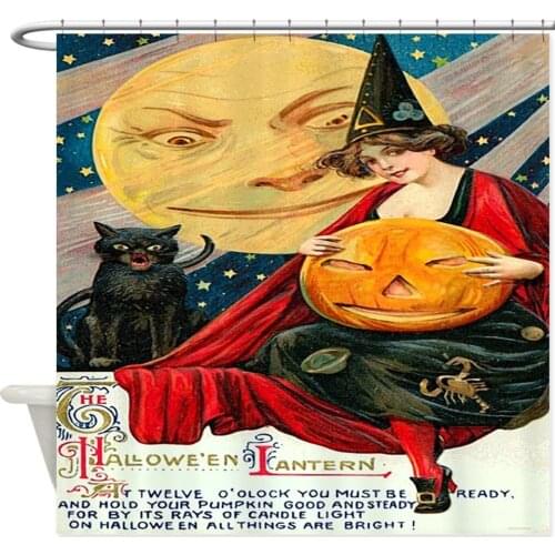 Design Vintage Halloween Witch Moon Cat Decorative Fabric Shower Curtain