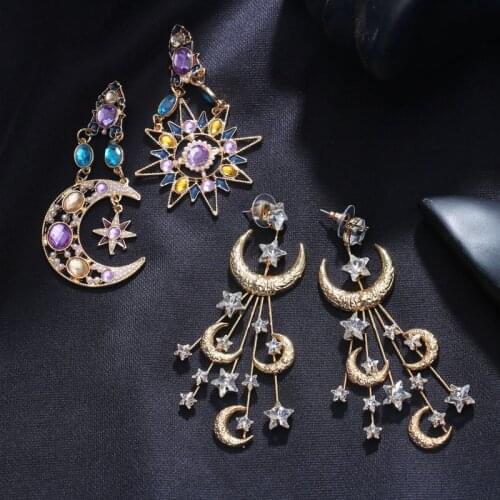 Ethnic Moon Star Dangle Earrings For Women Bohemian Fashion Vintage Charm Irregular Colorful Crystal Drop Earrings Jewelry Gifts