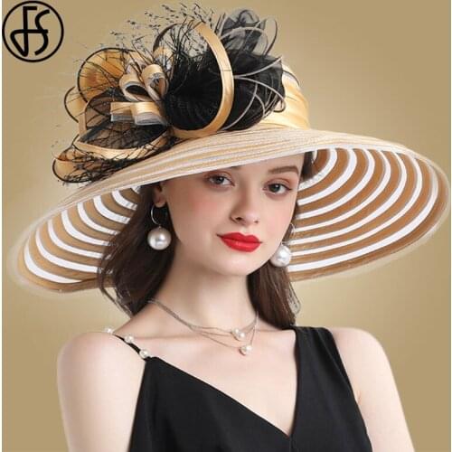 FS Yellow Ladies Church Kentucky Derby Hats For Women Organza Big Fascinator Wedding Hat Fedora Large Flower Wide Brim Sun Caps