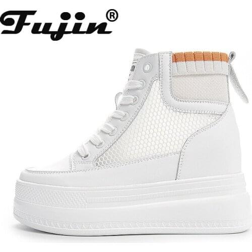 Fujin 2021 Split Leather Women Boots Summer Air Mesh Hollow Ankle Boots Platform Heel Height Increasing Ankle Boots Botas