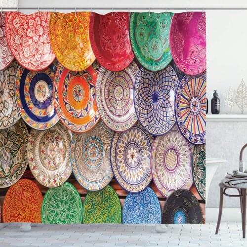 Moroccan Shower Curtain, Traditional Handcrafted Colorful Plates Shot at The Market in Marrakesh Fabric Bathroom Decor Set with