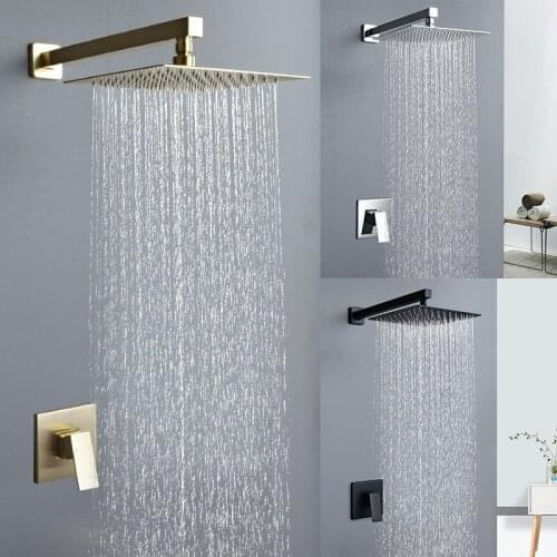 Brushed Gold 10 Inch Rainfall Shower Head Square Chrome Wall Mount Rain Stainless Steel Showerhead Rainfall Shower Set Black