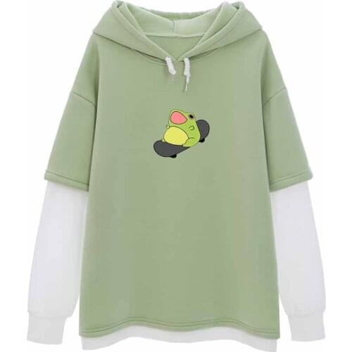 Fake Two Piece Cute Hoodies Kawaii Cartoon Frog Long Sleeve Sweatshirt Women Streetwear Hoodie Harajuku Aesthetic Sweatshirt