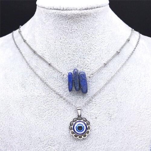 Stainless Steel Flower Turkey Eye Layered Necklace Silver Color Blue Natural Stone Chain Necklaces Jewelry oeil turc N8024S04