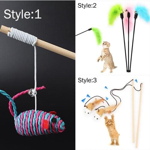 Cartoon Pet Cat Teaser Toys Feather Wood Rod Mouse Toy With Mini Bell Cat Catcher Teaser Wooden Stick Cat Interactive Toys
