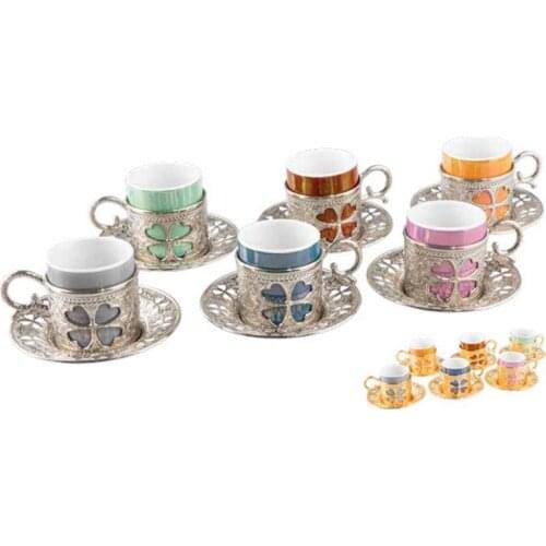 Set 6 Person Turkish Greek Arabic Coffee Espresso Clover Pattern Gold Silver High Quality Zamac Porcelain Made in Turkey