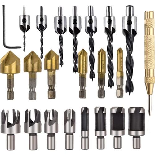 Woodworking Chamfer Countersink Drill Bit Set 90 Degree /Three Pointed Drill Bits Wood Plug Cutter And Automatic Center Punch