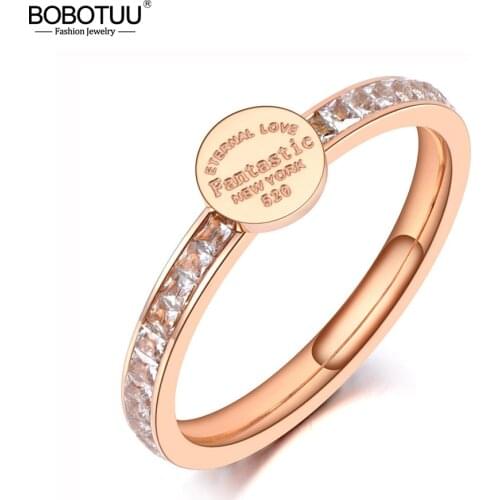 BOBOTUU Titanium Stainless Steel CZ Crystal Wedding Find Rings Jewelry For Women Girls Romantic Engagement Finger Ring BR20007