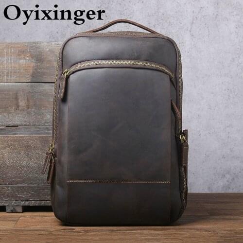 OYIXINGER Mens Vintage Laptop Backpack Genuine Crazy Horse Cowhide Backpacks For 15" Notebook Large Capacity Travel Backpack