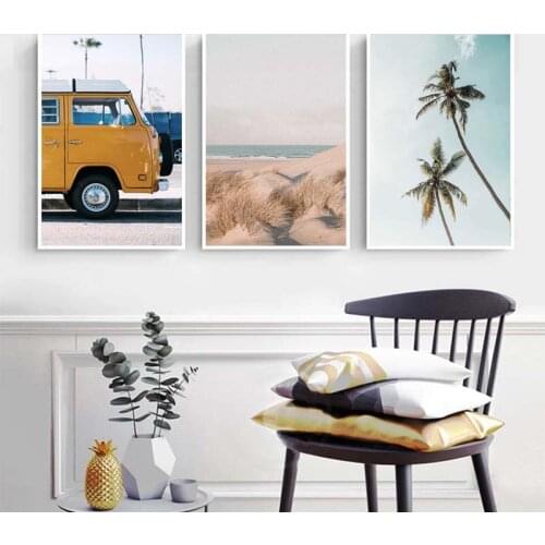 Yellow Bus Palm Tree Ocean Landscape Poster Nordic Beach Surf Board Wall Art Canvas Painting Scandinavian Living Room Home Decor