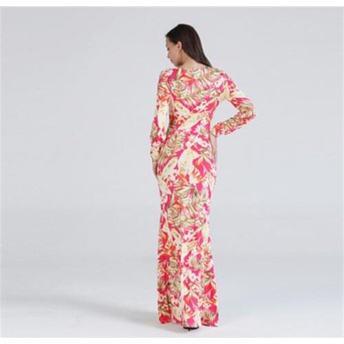 Autumn winter Elegant split maxi Dress Women Sexy v-neck Long Sleeve floral Print sheath Bodycon sheath club Party Vestidos 2020