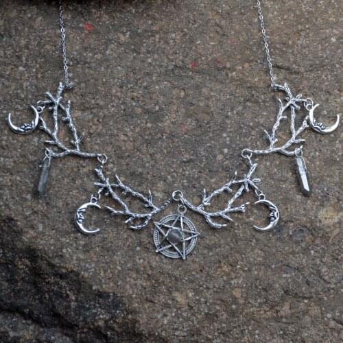 Witch Fantasy Forest Twig Crescent Moon Pentagram Natural Quartz Stone Pendant Necklace Pagan Necklace Magic Wiccan Jewelry