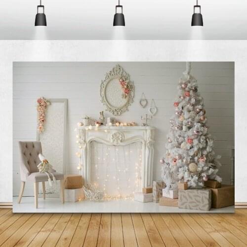 Laeacco Christmas Backdrops White Wooden Board Fireplace Christmas Tree Gifts Photography Backgrounds Family Portrait Photophone
