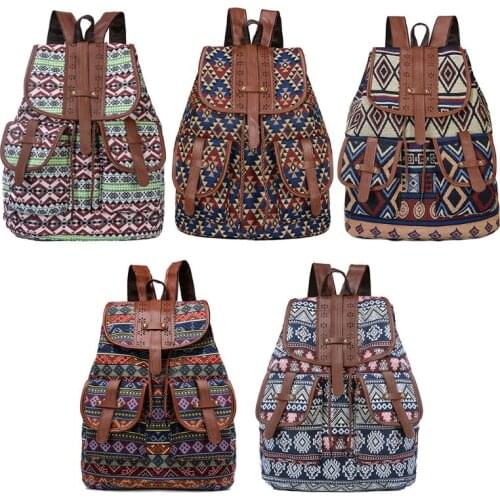 Vintage Print Canvas Ethnic Backpack for Women Girls School Student Backpacks Drawstring Bohemia Travel Rucksack M2EB