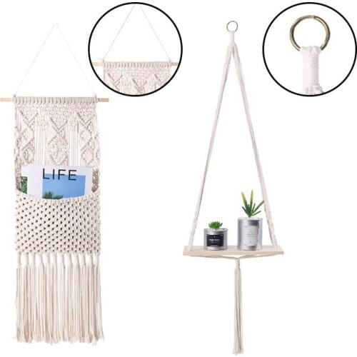 Flowerpot net bag gardening creative plant basket with wooden board hanging storage small fresh pastoral style