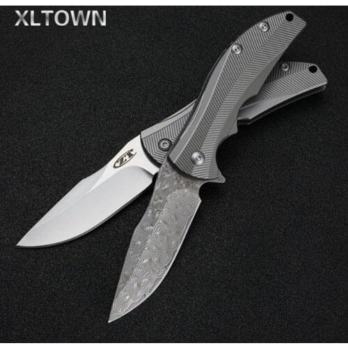 XLTOWN D2 folding knife outdoor titanium alloy handle Damascus steel ball bearing system knife folding knife tool