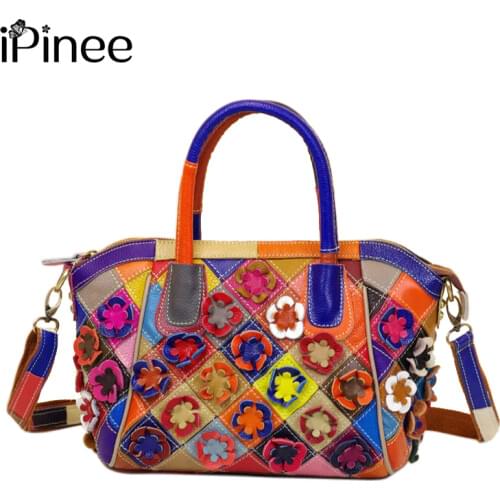 IPinee Patchwork Flowers Bags Genuine Leather Handbag Women Shoulder Bags Casual Handbags High Quality Totes Ladies Office Bag