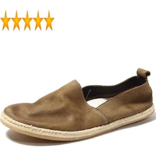 Vintage Mens Genuine Leather Slip-On Loafers Fashion Summer Casual Light Breathable Men Walking Shoe Flat Fisherman Shoes
