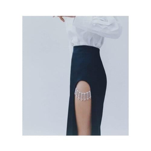 Women Slit Sexy Party Skirts Asymmetrical Rhinestone Tassel Skirt Girl High Waist Femme Slim Bottom Sweet Casual Satin Streetwea