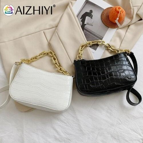Retro Women Baguette Bag Alligator Pattern Small Purse and Handbag PU Leather Shoulder Underarm Bag Thick Chain Pure Color Pouch
