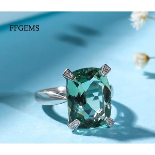 FFGems Natural Green Crystal Rings Sterling 925 Silver special Green Quartz for Women girl Wedding Party Elegant Fine Jewelry