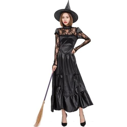 Woman Halloween Cosplay Costumes Witches Cosplay Black Lace Long Sleeves Dresses Dress Hat 3PCS Set Disguisement For Carnival