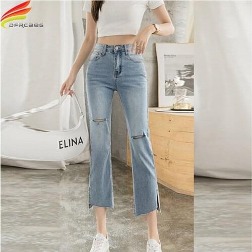 New 2021 Jeans For Women With Hole Ripped Streetwear Korean Fashion Blue Color High Waist Denim Harem Pants Ankle-Length Jean