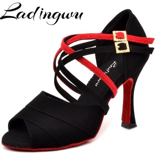 Ladingwu Latin dance shoes women NEW Black/Red Flannel Shoes Dance Red Soft Bottom Cuba high heel 6-10cm Salsa Ballroom dancing