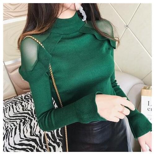 Ladies Sweet And Sexy Women Mesh Stitching Half High Neck Long-sleeved Knitted Pullover Slim Sweater Bottoming Shirt Autumn New
