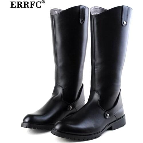ERRFC Winter New Mens Long Knee Boots Black Round Toe PU Leather Cowboy Motorycycle Riding Soldiers Shoes Leisure Zapatos 38-44