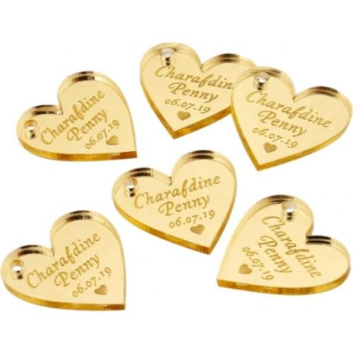 100pcs Engraved Acrylic Mirror Gold Love Hearts Wedding Table Centerpieces Tags Personalized Tag For Decor Party Favor