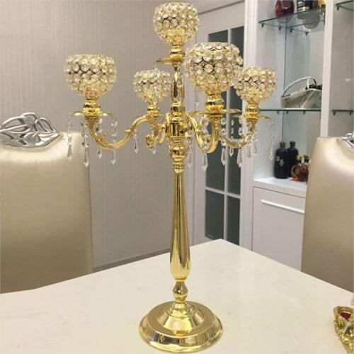76cm Tall 5-arms Gold candelabras with crystal pendals,wedding crystal candle holder Table centerpiece