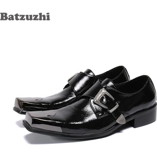 Batzuzhi Western Fashion Mens Shoes Metal Cap Toe Black Genuine Leather Dress Shoes Men Buckle Formal Business Leather Oxfords