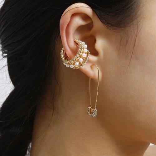 Elegant Trendy Simulated Pearl Rhinestone Pin Clip Earrings for Women Temperament Geometric Earrings Fashion Jewelry XR2842