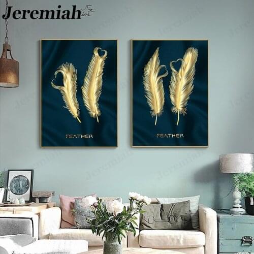Golden Feather Canvas Painting Abstract Heart-Shaped Green Letter Poster Wall Art Modern Living Room Home Decoration