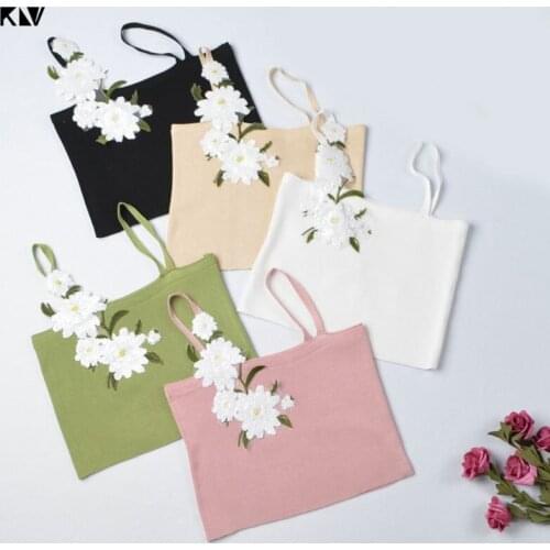 KLV Summer Sexy Women Small Daisy Sequins Cami Halter Vest Strap Crop Top Knitted Sleeveless Blouse Casual Party Clubwear