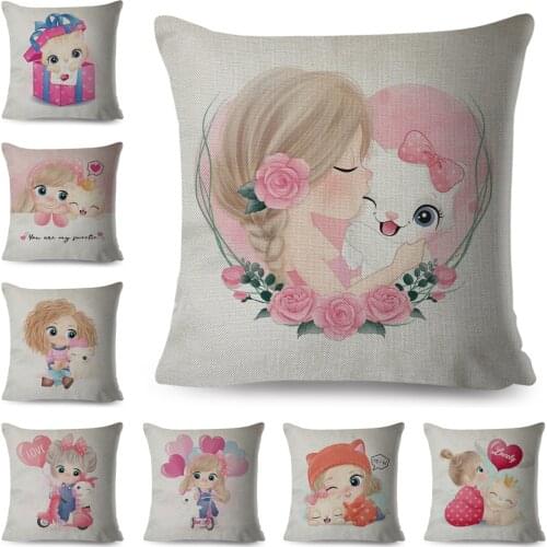 Cute Girl and Cat Cushion Cover Decor Lovely Cartoon Child Pillow Case Polyester Pillowcase for Children Room Sofa Home 45x45cm