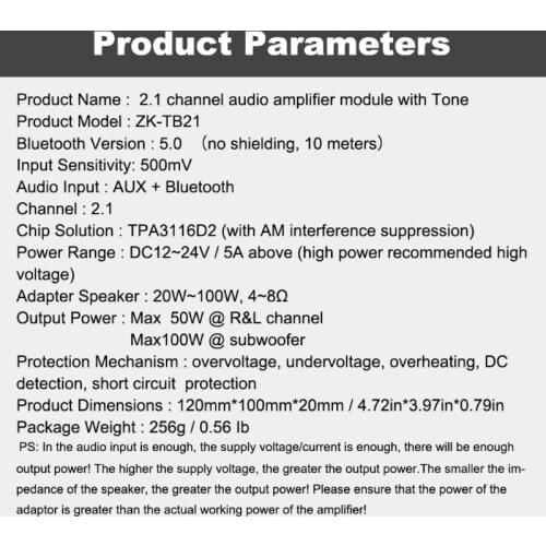 2021 New ZK-TB21 TPA3116D2 Bluetooth 5.0 Subwoofer Amplifier Board 2.1 Channel AMP Module