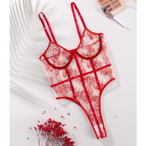 Embroidered Hollow Sexy Womens Teddy bodysuit Underwear Set Lace Perspective One-Piece erotic lingerie underwire Gathered Bra