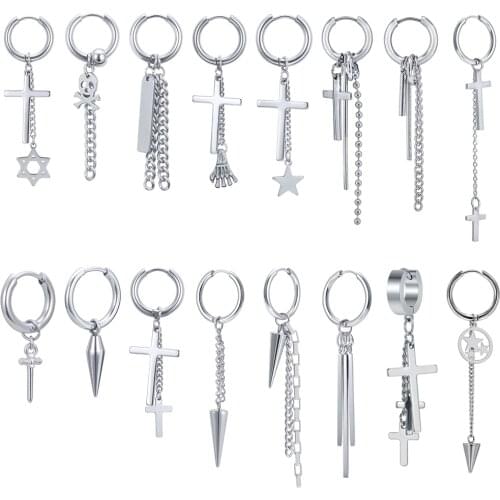 ZS Punk Style Cross Skull Hoop Earrings with Long Tassel Mens Stainless Steel Korean Earrings for Women Kpop Cricle Ear Rounds