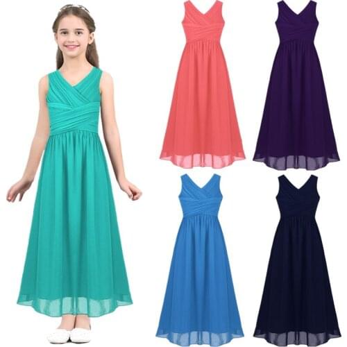Girls Dresses Chiffon Pleated Sleeveless V Neck Holy Communion Dress Kid Flower Girl Wedding Party Dress Childrens Clohting