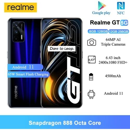 Realme GT 5G Mobile Phones NFC 6.43" Snapdragon 888 Octa Core 64MP AI Triple Cameras 65WSmart Flash Charging Smartphones
