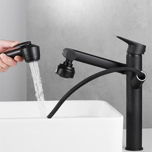 Basin Sink Faucet Black Brass Hot and Cold Bathroom Faucet Black Mixer Tap Deck Mounted Pull out 360 Rotation Tap Mixer Chrome