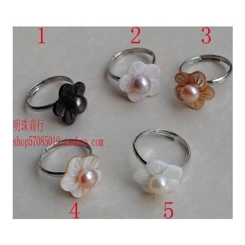 FREE SIZE ADJUSTABLE Charm Fashion Freshwater Pearl Ring Finger Ring Flower Shaped Jewelry Nice Exquisite Ring with Shell